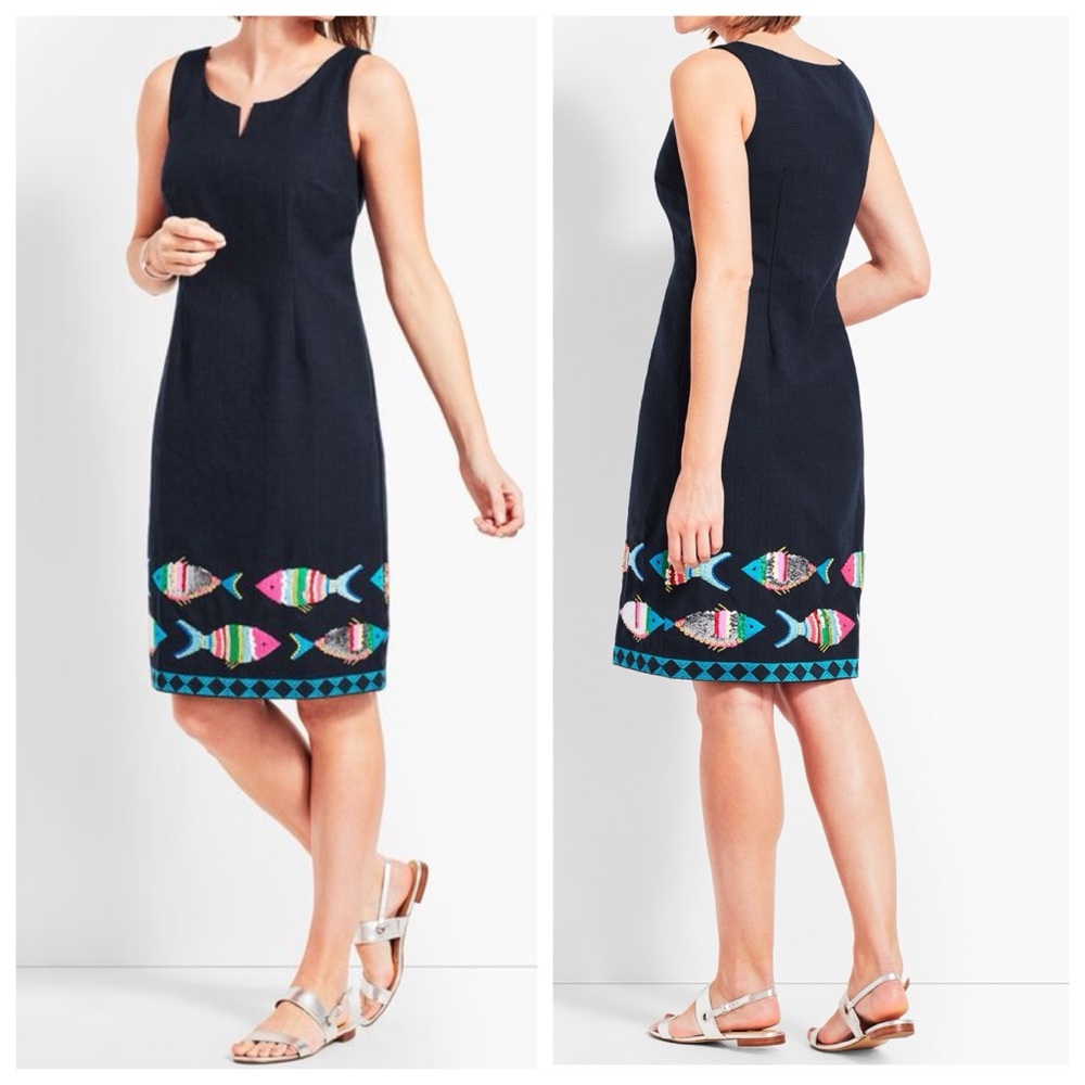 Talbots navy blue beaded embroidered fish sheath dress 8
